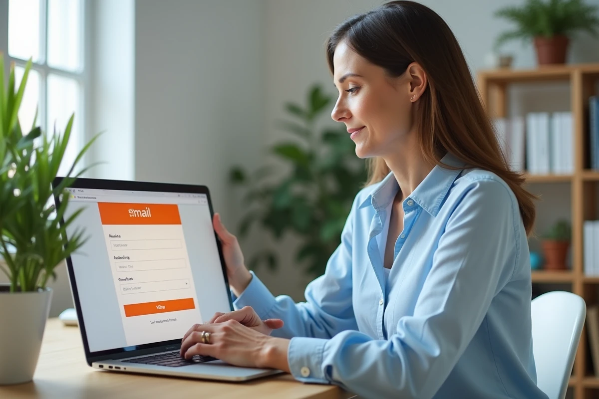Femme créant une boîte mail Orange sur son ordinateur portable dans un bureau à domicile moderne