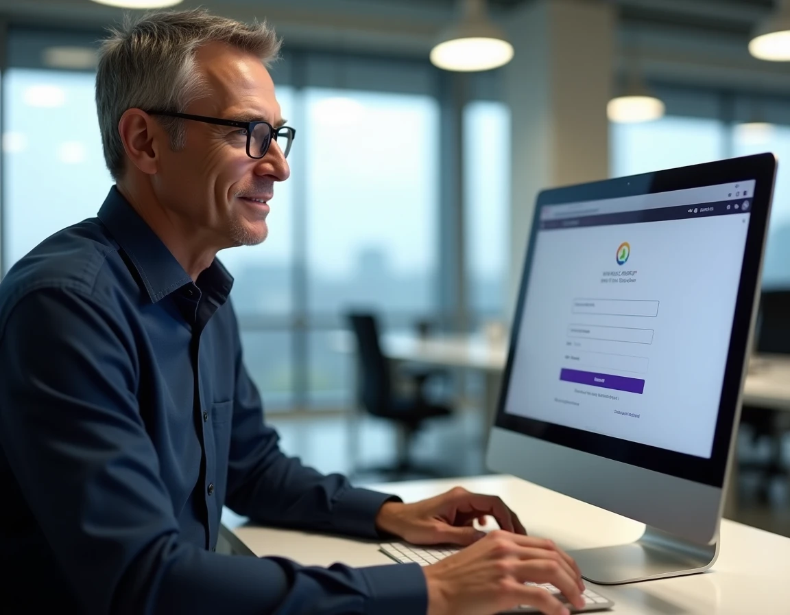 Homme d'âge mûr créant ou récupérant un compte Yahoo Mail sur un ordinateur de bureau au bureau