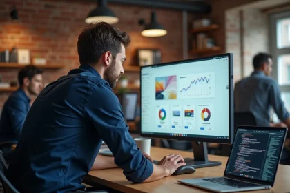 Designer web professionnel analysant les performances d'un site internet sur un grand écran dans une agence digitale moderne