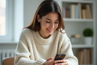 Jeune femme consultant les réglages de son application Instagram sur smartphone depuis un bureau à domicile