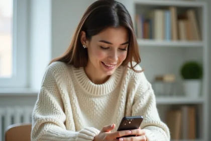 Jeune femme consultant les réglages de son application Instagram sur smartphone depuis un bureau à domicile