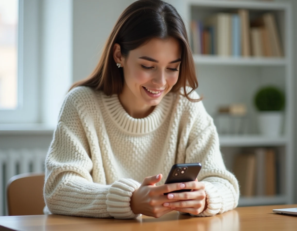 Jeune femme consultant les réglages de son application Instagram sur smartphone depuis un bureau à domicile