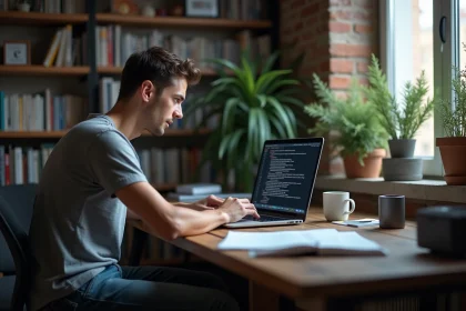 Jeune homme installant Cyberflux sur son ordinateur portable à son bureau à domicile, étudiant des logs de terminal avec une expression concentrée