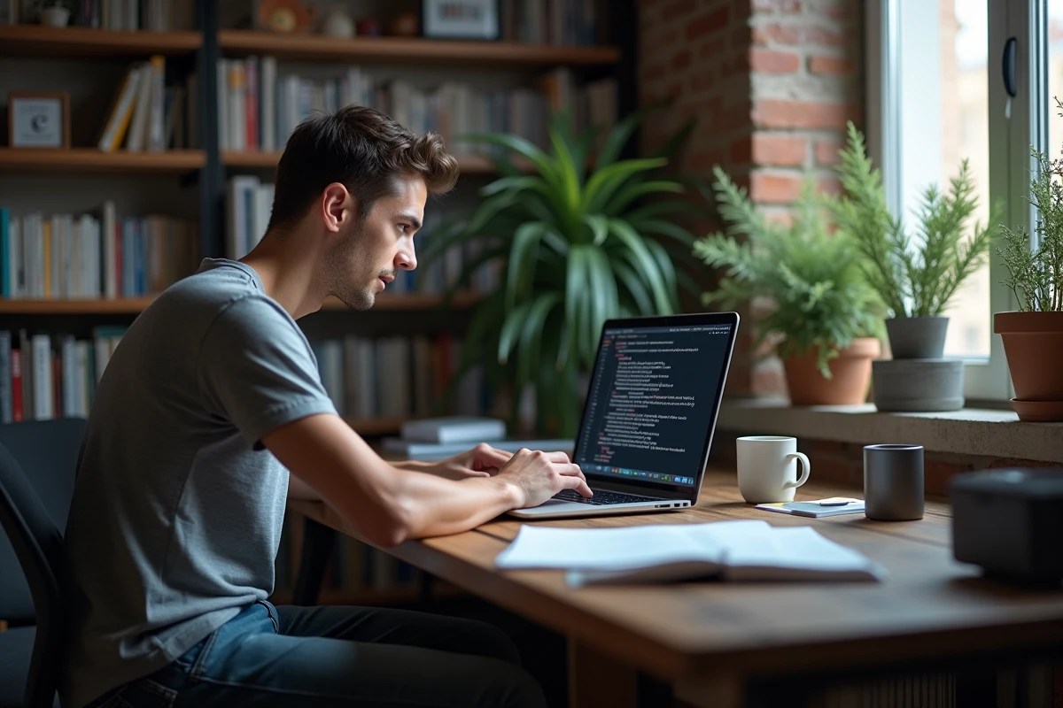 Jeune homme installant Cyberflux sur son ordinateur portable à son bureau à domicile, étudiant des logs de terminal avec une expression concentrée