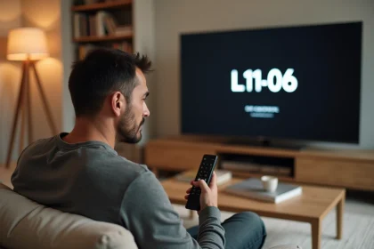 Homme tenant une télécommande Orange face à un écran affichant le code erreur L11-06 sur sa télévision dans un salon moderne