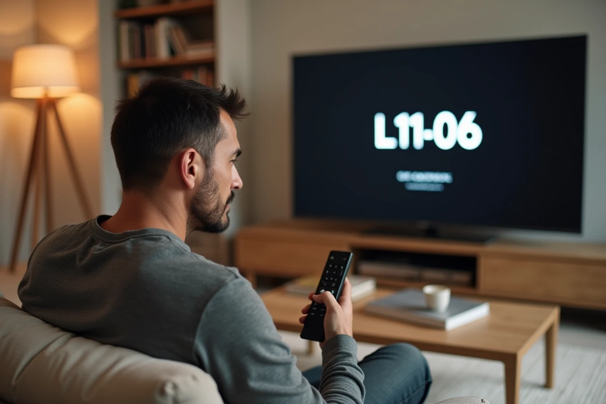 Homme tenant une télécommande Orange face à un écran affichant le code erreur L11-06 sur sa télévision dans un salon moderne