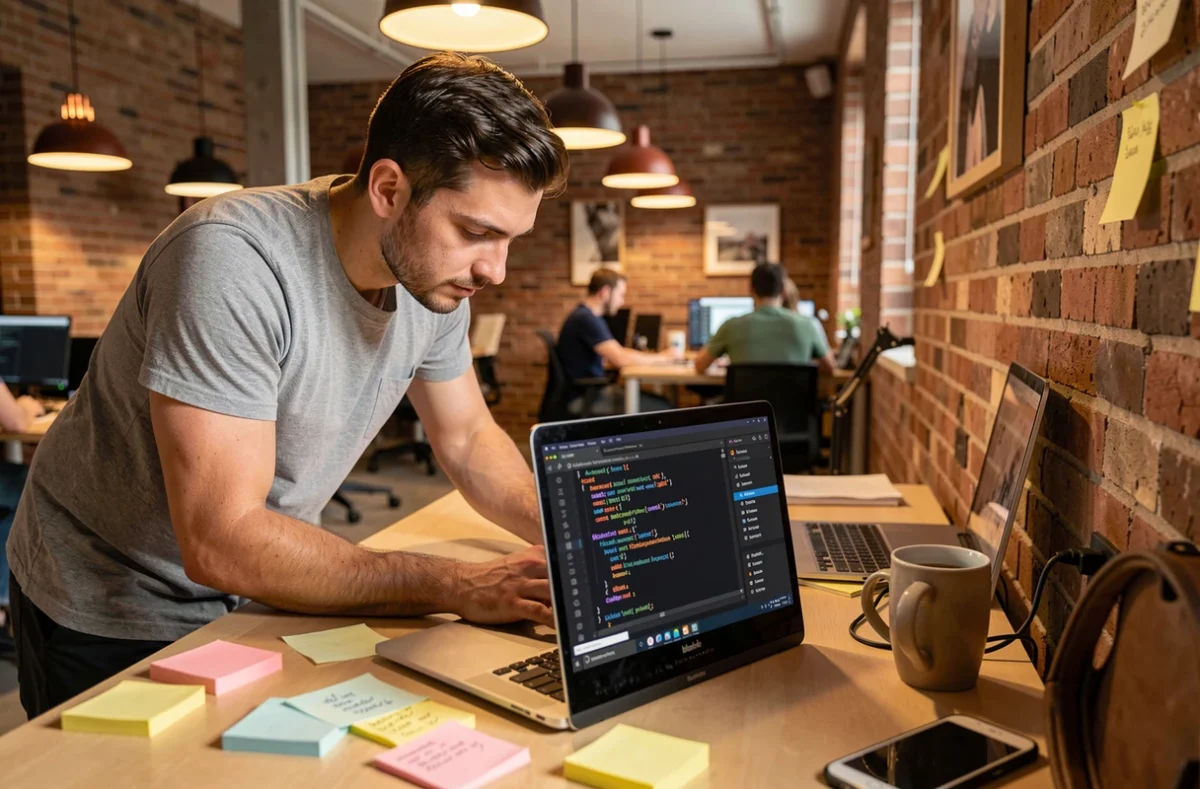Développeur masculin codant un bot Discord avec mise en forme italique dans un éditeur de code en bureau open space