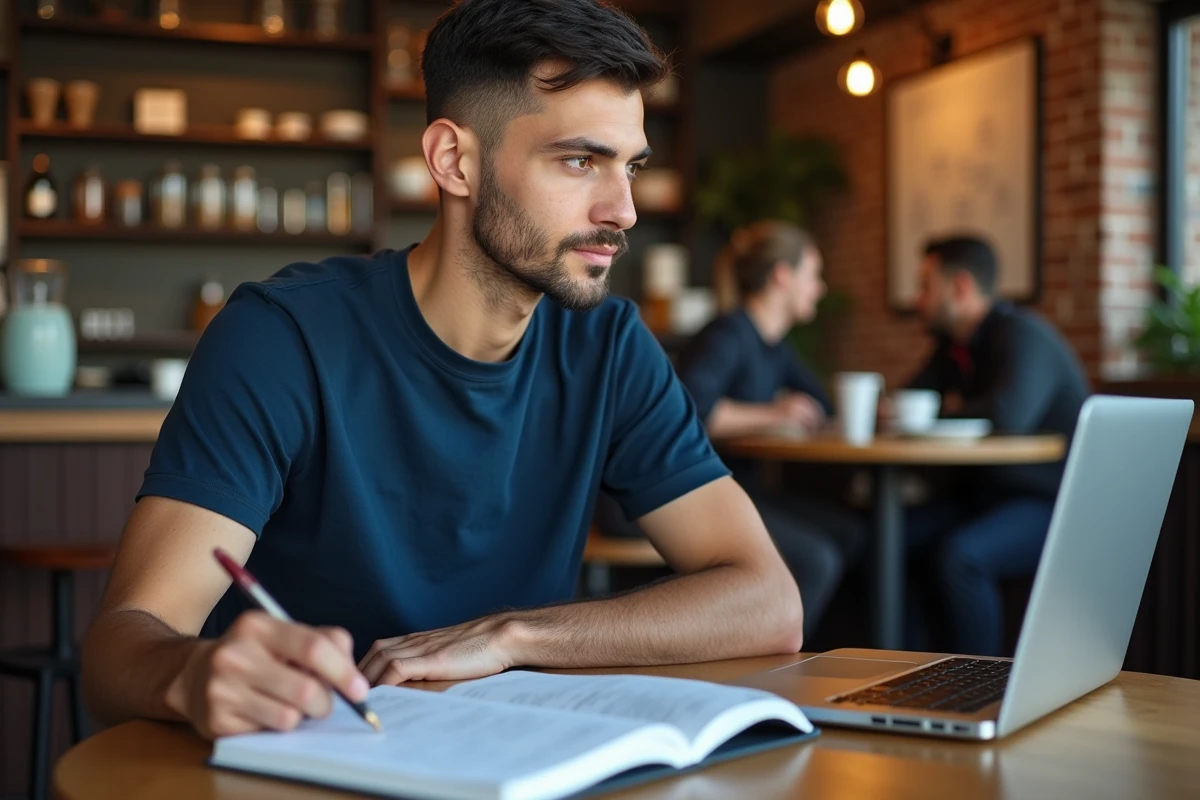Développeur débutant étudiant les dictionnaires Python dans un café avec un carnet de notes et un ordinateur portable