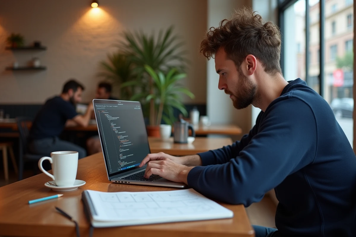 Développeur front-end travaillant sur du code CSS grid dans un café avec des wireframes dessinés à la main