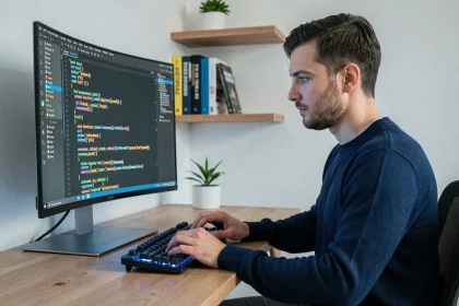 Développeur Python concentré devant un écran affichant du code Python dans un IDE sombre, bureau minimaliste en bois