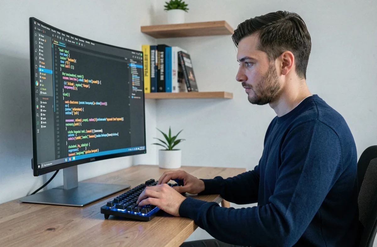Développeur Python concentré devant un écran affichant du code Python dans un IDE sombre, bureau minimaliste en bois