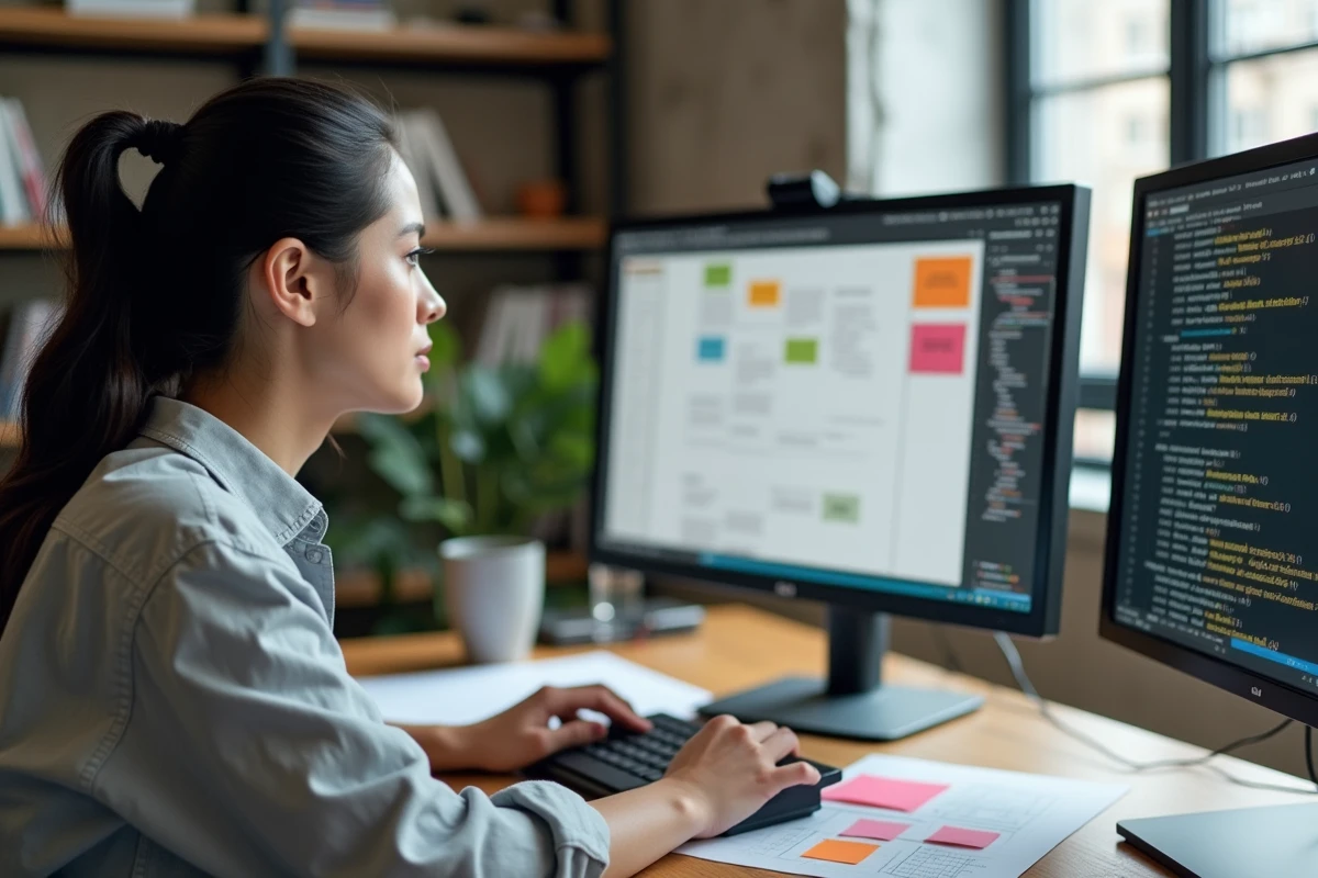 Développeuse web organisant une grille CSS sur un tableau blanc avec des diagrammes de mise en page dans un bureau moderne