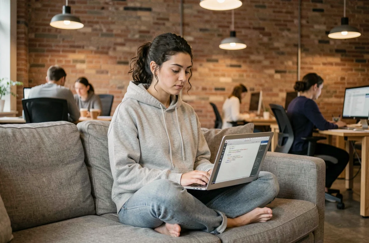Jeune développeuse Python travaillant sur un laptop dans un espace de coworking urbain avec documentation Python visible à l'écran