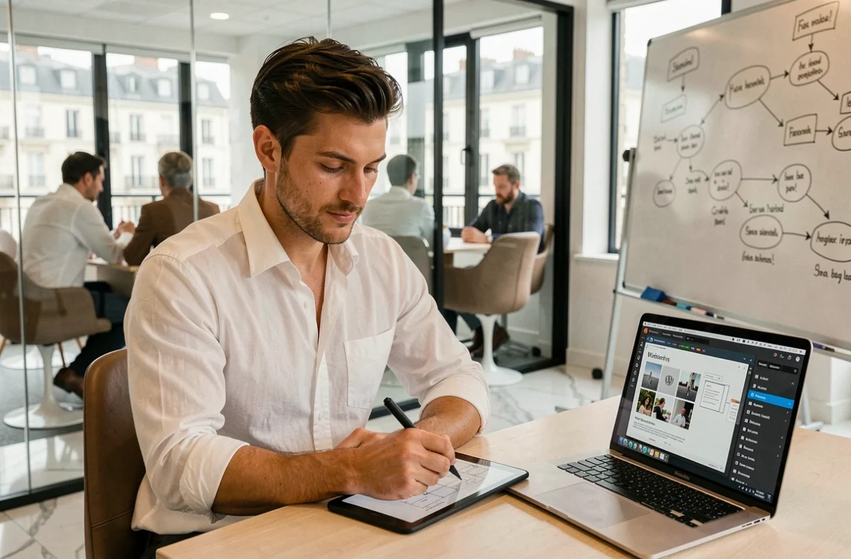 Designer UX de Digitivup dessinant des wireframes sur une tablette avec un panneau WordPress ouvert en arrière-plan