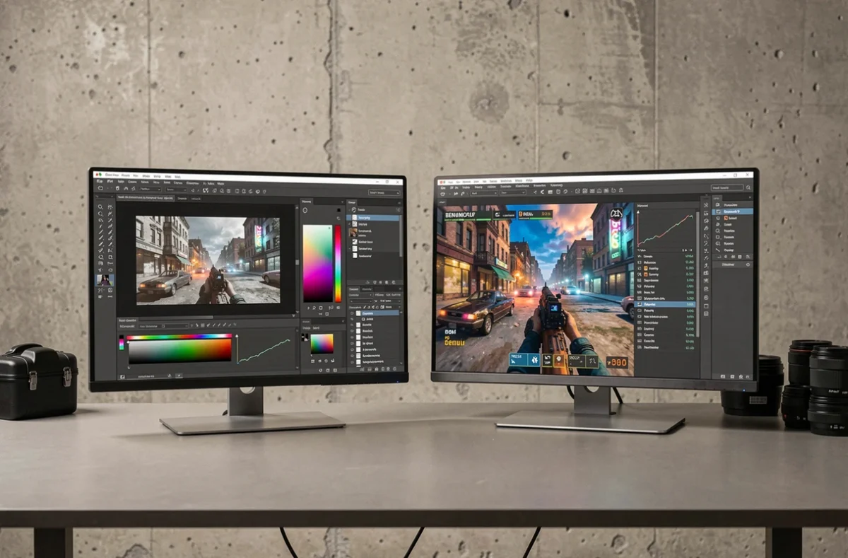 Deux écrans OLED 1440p côte à côte sur un bureau studio pour travail et jeu vidéo