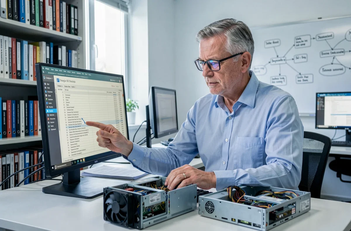 Consultant senior de DSI Services Informatiques analysant un rapport de diagnostic approfondi devant un serveur ouvert