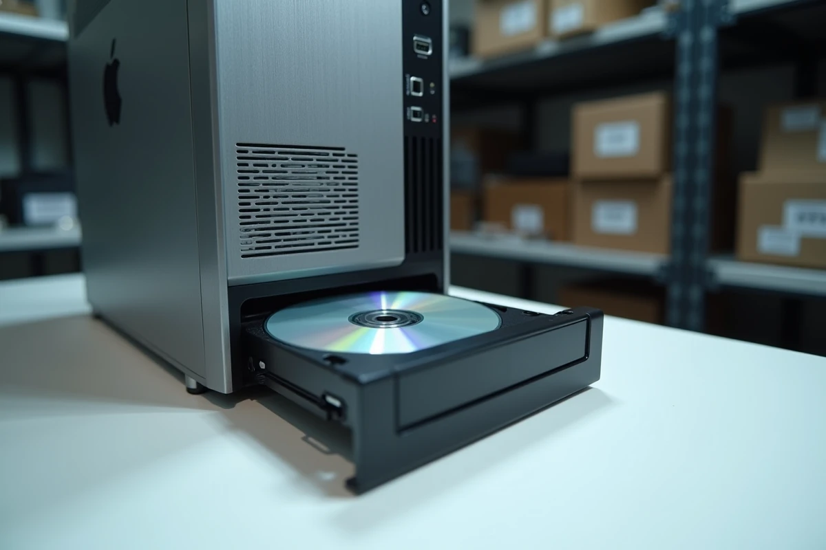 Disque DVD Windows 7 Professional SP1 inséré dans le lecteur optique d'un ordinateur de bureau dans un atelier informatique