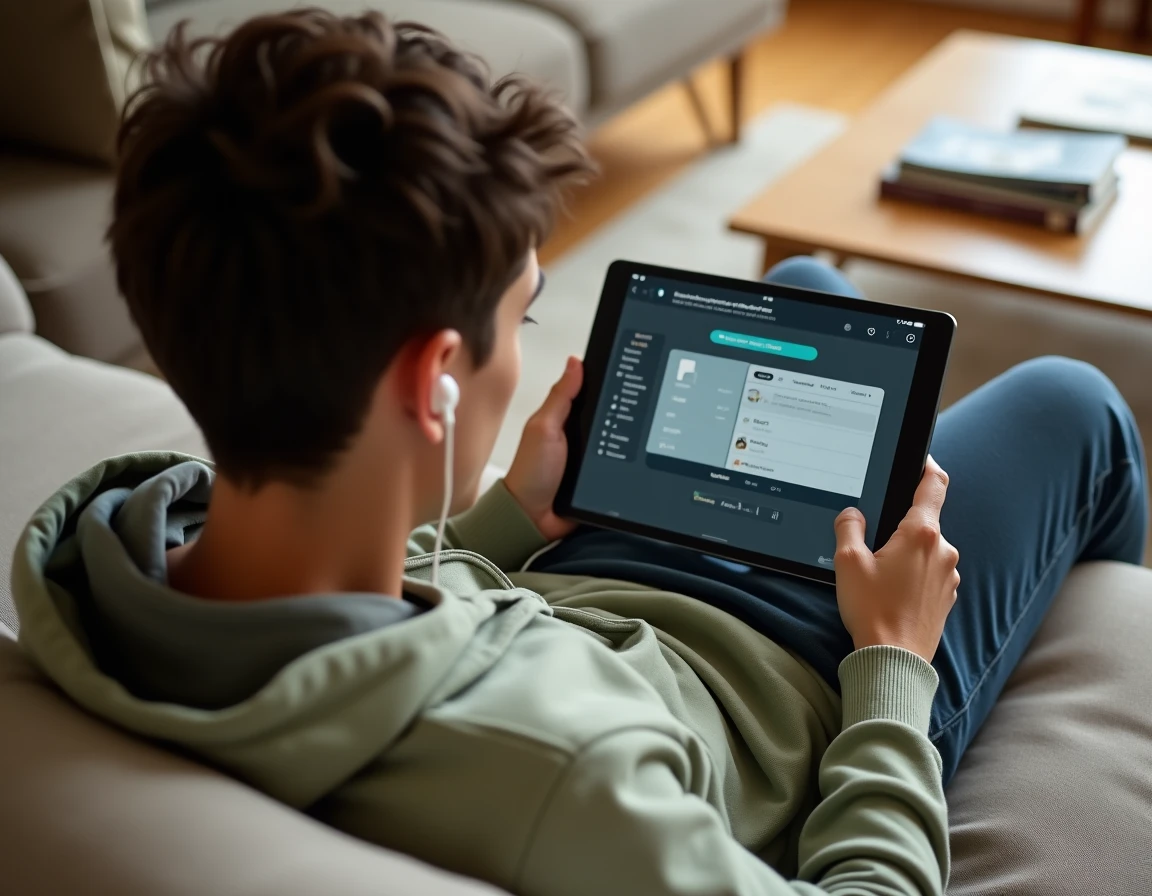 Personne écoutant de la musique convertie depuis YouTube en MP3 via un navigateur sur une tablette