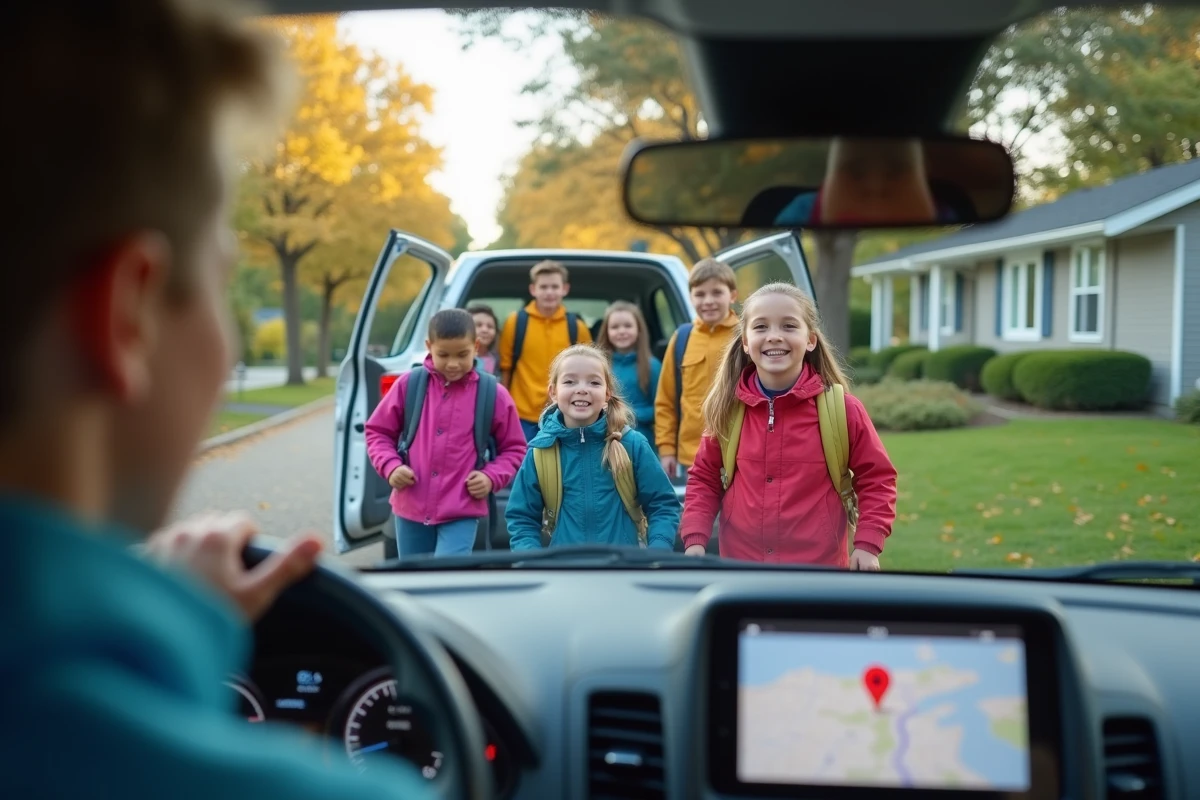 Enfants sortant du minivan avec tablette et quartier résidentiel