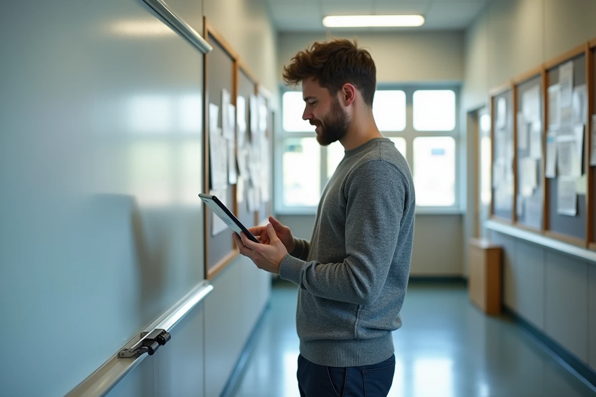 Enseignant masculin consultant Mel ac Rennes sur tablette dans un couloir d'école secondaire
