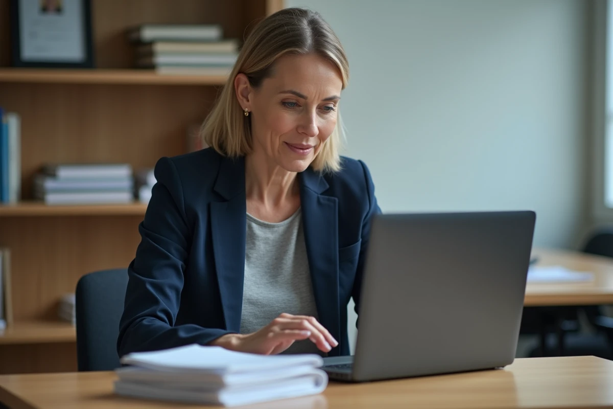 Enseignante rédigeant un email professionnel sur son ordinateur portable dans une salle des professeurs