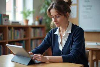 Enseignante utilisant une tablette pour accéder à l'interface Mel ouvert ac Rennes dans une salle de classe