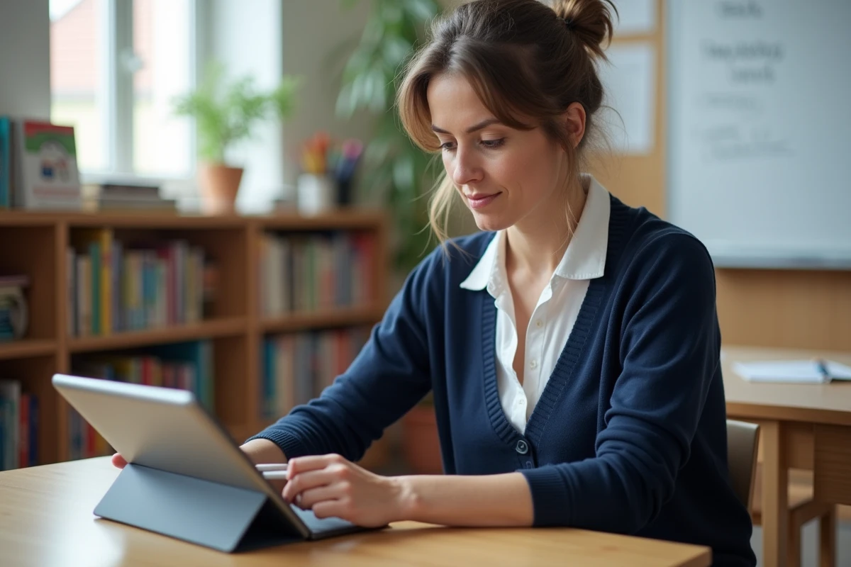 Enseignante utilisant une tablette pour accéder à l'interface Mel ouvert ac Rennes dans une salle de classe