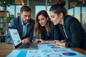 Equipe de professionnels analysant des données dans un bureau moderne