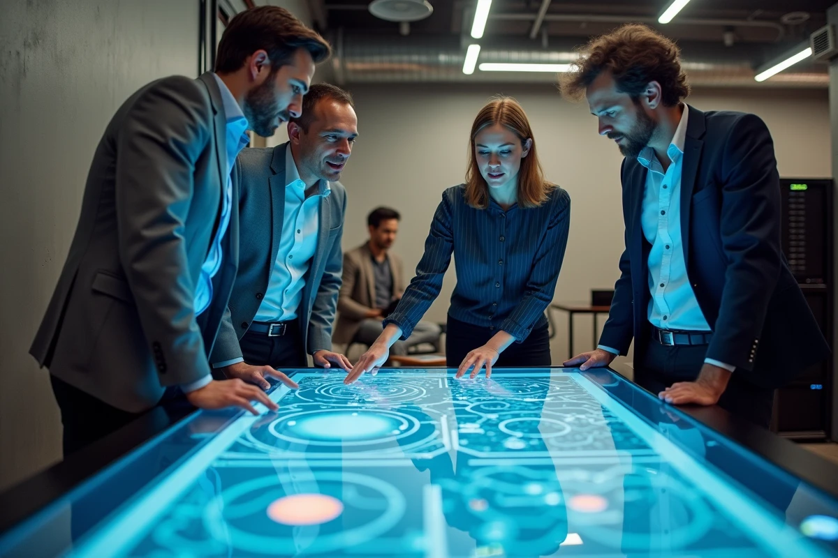 Équipe pluridisciplinaire d'experts télécoms et multimédia collaborant sur une table interactive en laboratoire d'innovation