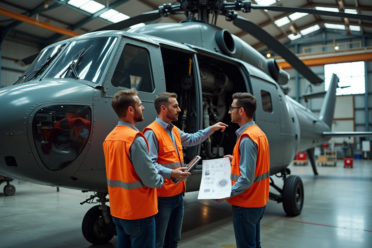 Équipe d'ingénieurs inspectant le système avionique d'un hélicoptère militaire dans un hangar MRO lors d'une intégration de certification CON