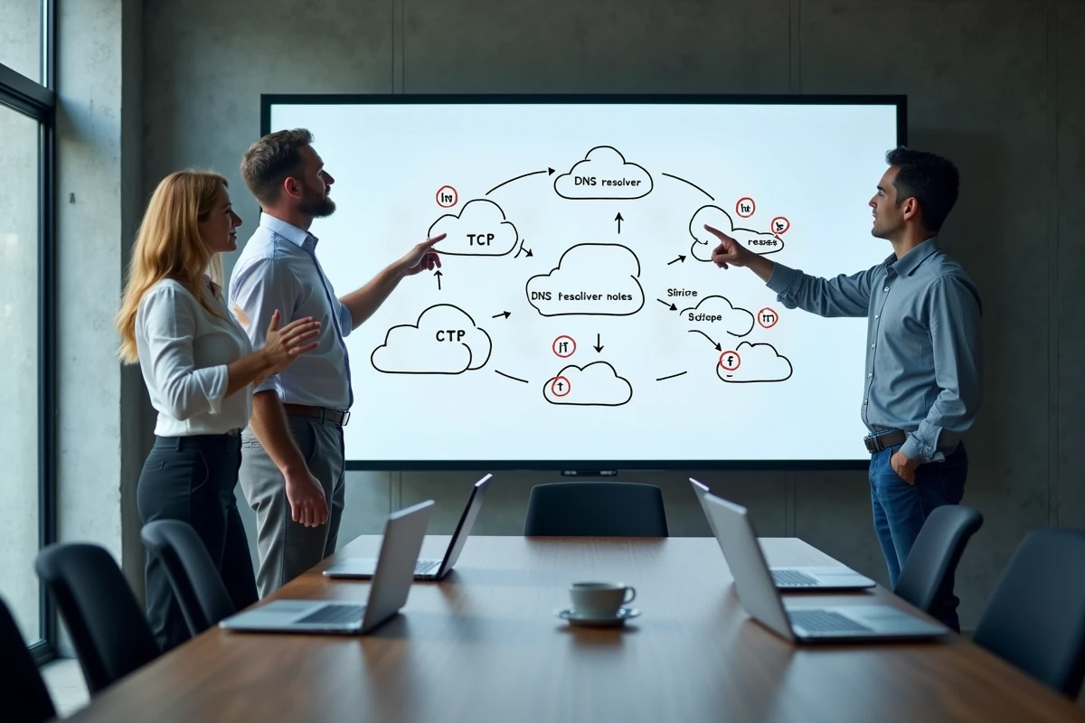 Deux professionnels IT collaborant sur un schéma d'architecture cloud avec flux DNS et ports TCP dans une salle de réunion d'entreprise