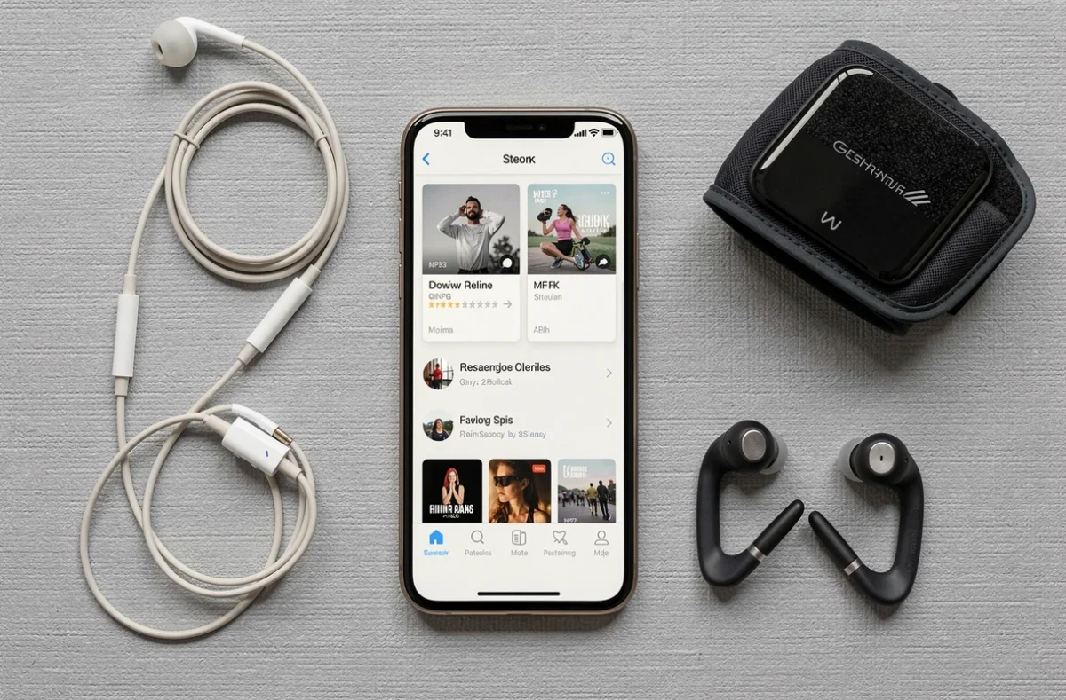 Équipement musical pour la course à pied avec lecteur MP3, écouteurs et application de téléchargement de musique