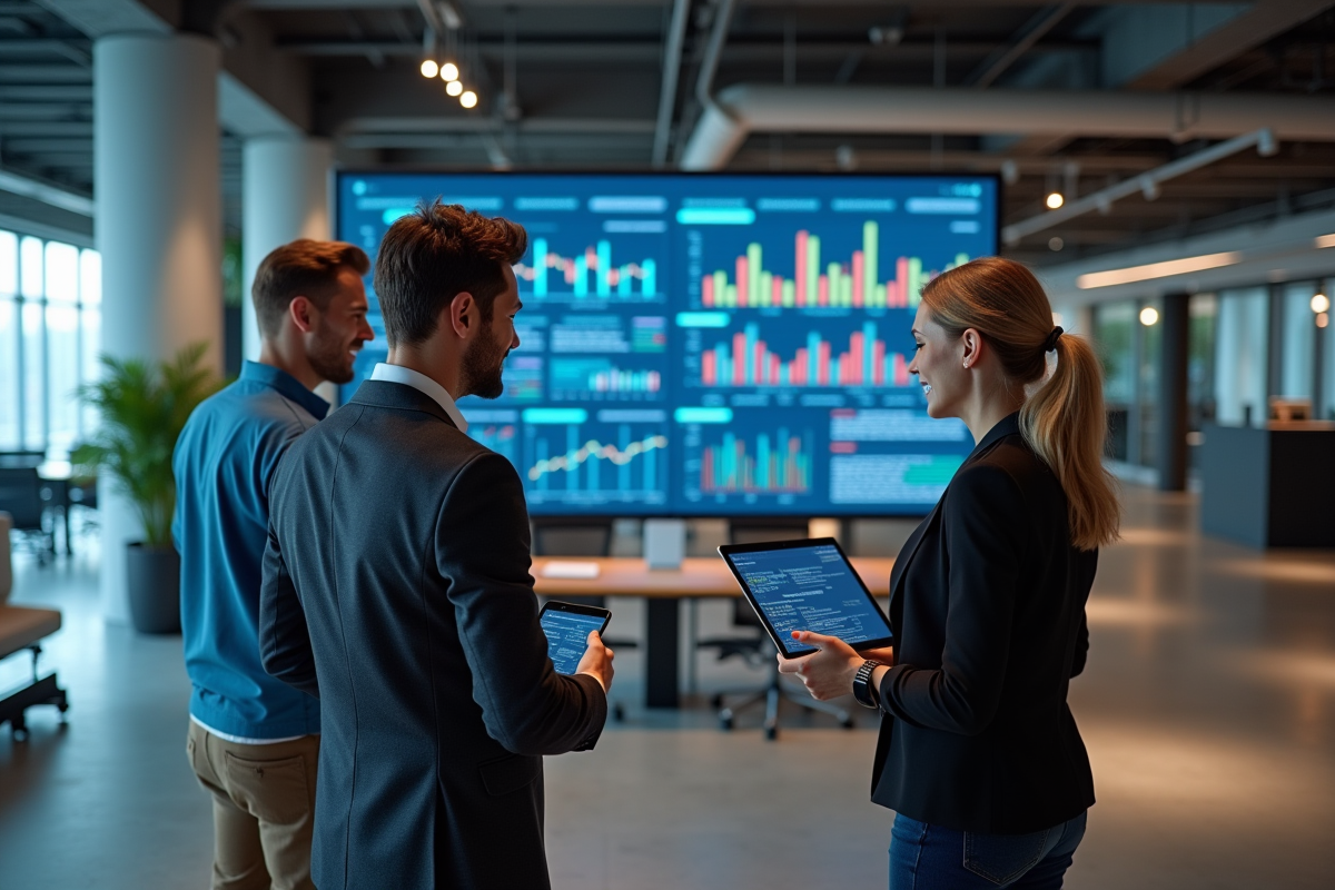 Groupe de professionnels marketing collaborant sur un écran numérique