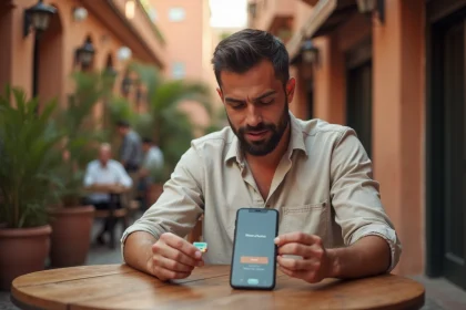 Homme comparant une eSIM et une carte SIM classique dans un café marocain avec un smartphone Maroc Telecom