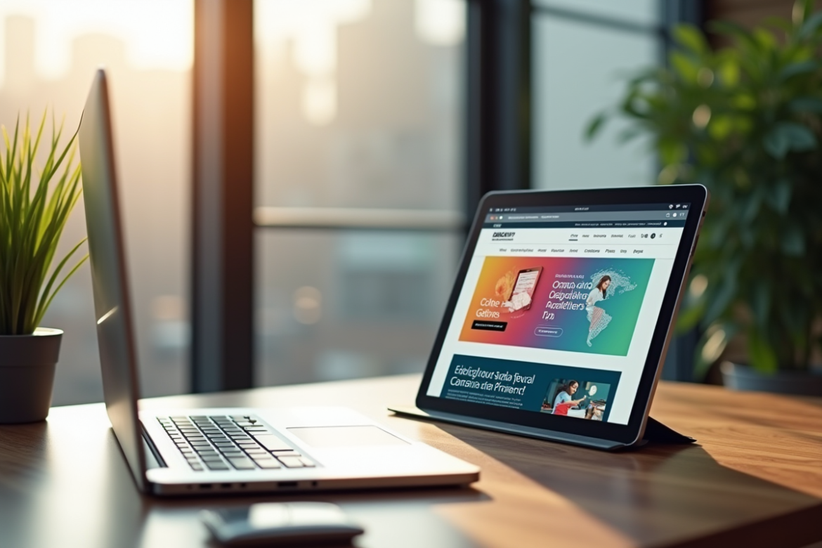 Espace de travail moderne avec appareils numériques lumineux