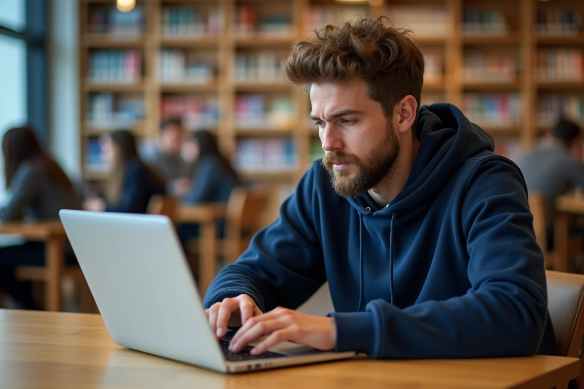 Étudiant en bibliothèque universitaire face à un problème de connexion au webmail de Grenoble