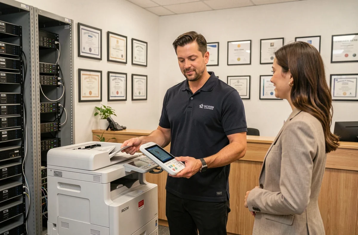 Technicien d'Europacific Développement présentant une imprimante multifonction Ricoh à une cliente dans un bureau professionnel