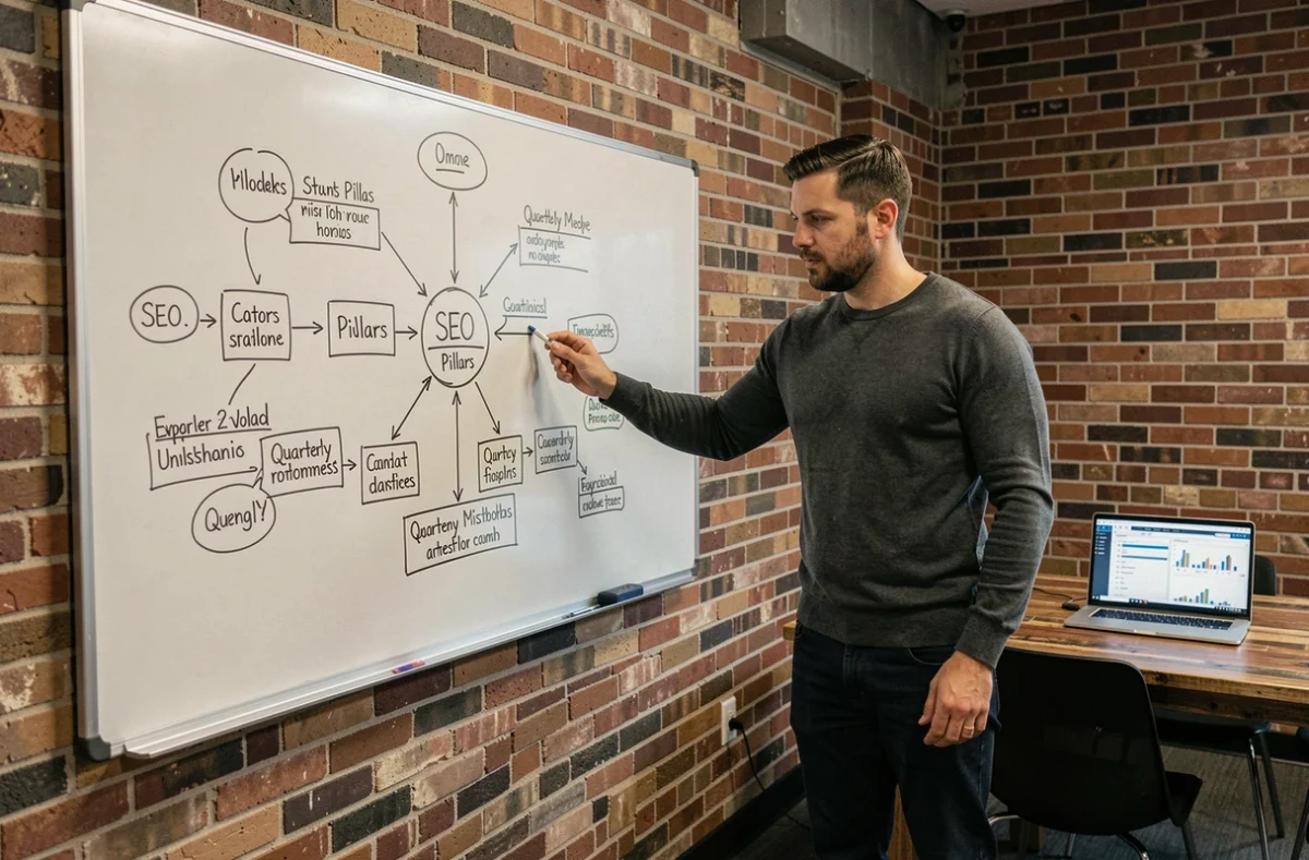 Expert SEO présentant une stratégie de référencement 2026 sur tableau blanc dans une agence digitale