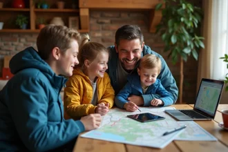 Famille de quatre en pleine planification d'une randonnee