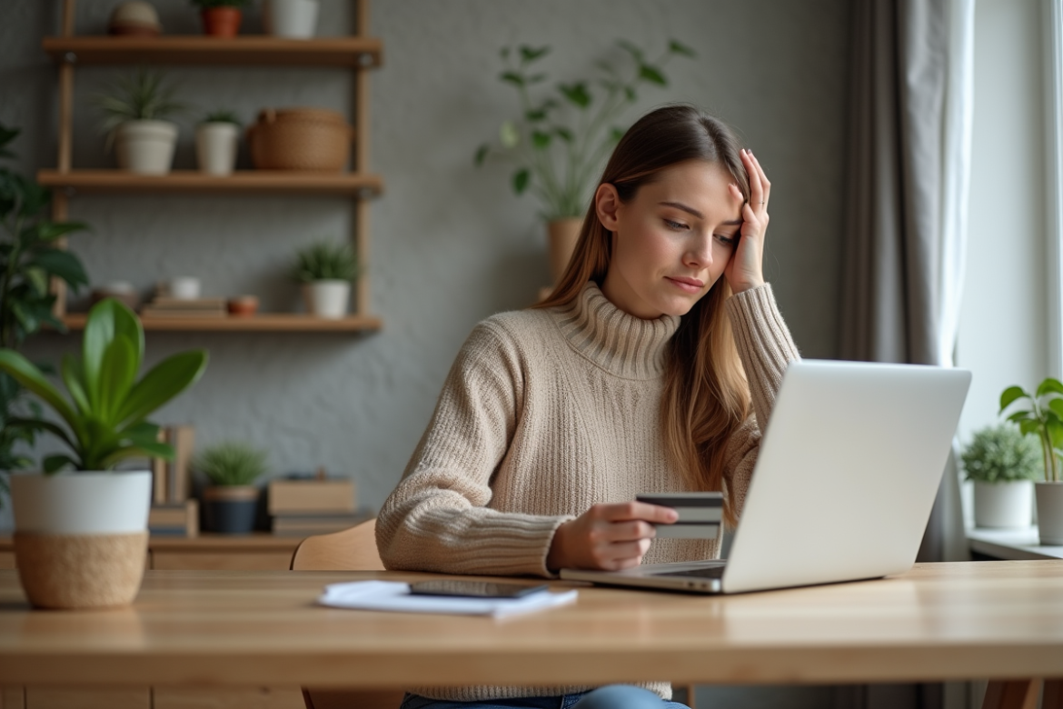 Femme en intérieur achetant en ligne avec carte bancaire