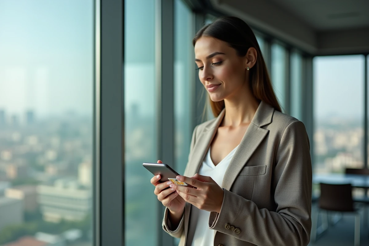 Femme d'affaires à Casablanca tenant un smartphone et une carte SIM physique en comparant les forfaits Maroc Telecom