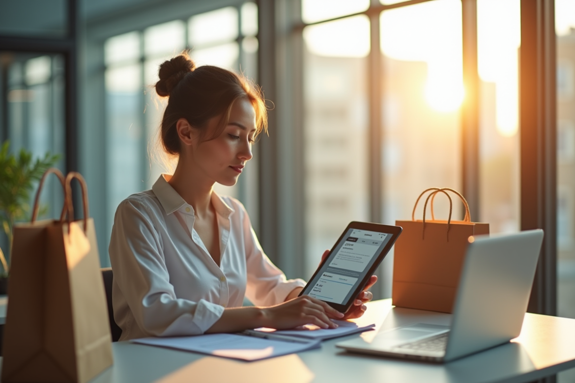 Femme d'affaires utilisant une tablette pour commandes en ligne