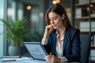 Femme en blazer analysant des données sur une tablette