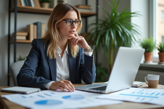 Femme concentrée analysant des données SEO au bureau