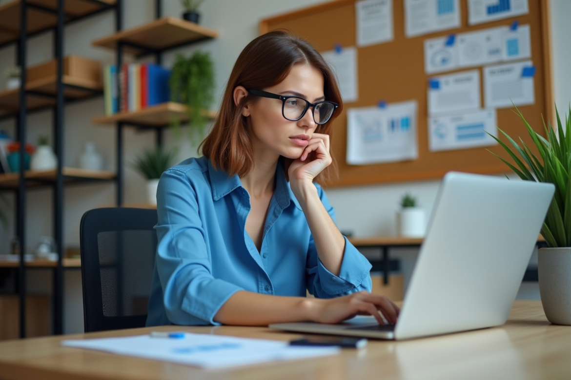 Jeune femme concentrée analysant des données SEO dans un bureau moderne
