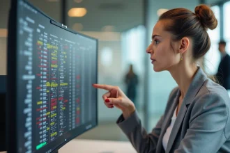 Femme professionnelle analysant un tableau Excel avec des doublons surlignés sur son écran d'ordinateur