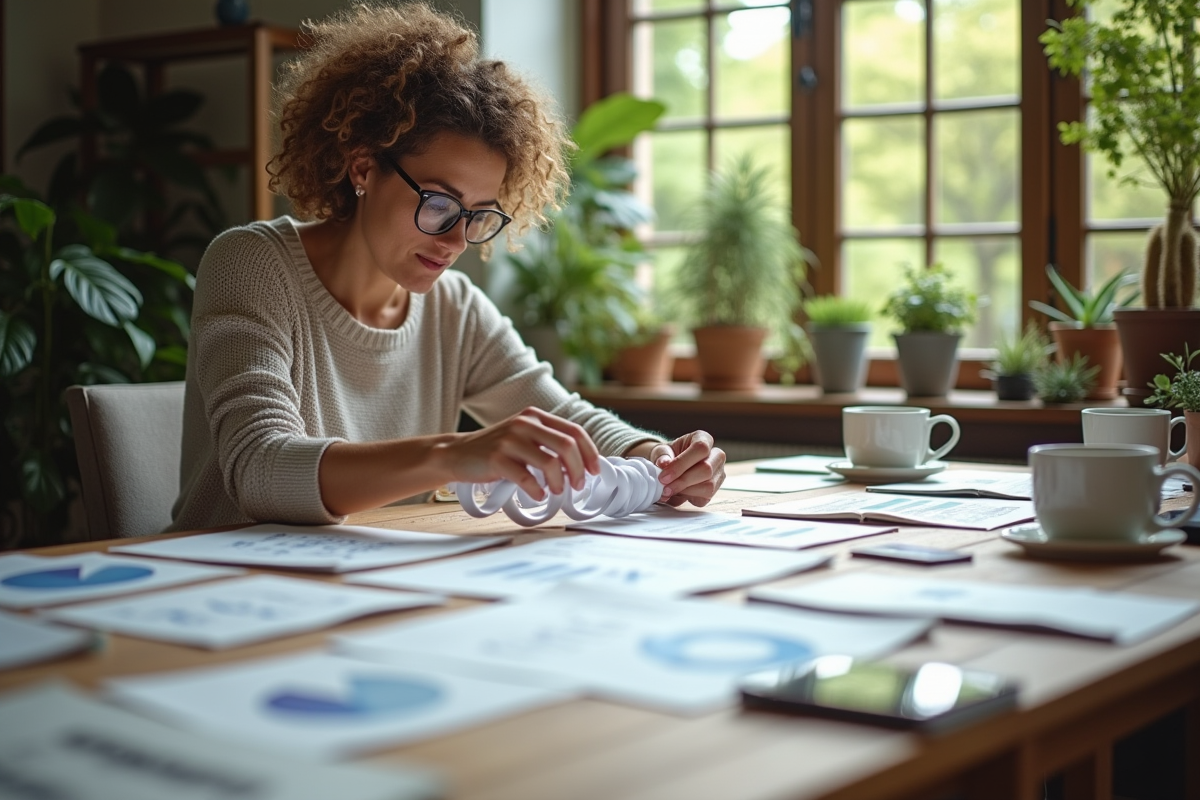 Femme arrangeant des chaines en papier sur une table de travail