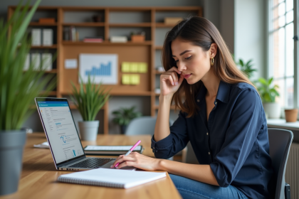 Femme analysant des données SEO dans un bureau moderne