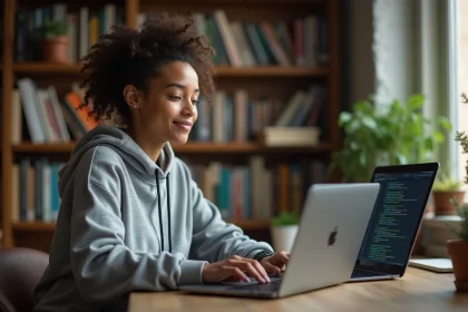 Jeune femme apprenant Python sur un ordinateur portable dans un bureau à domicile, avec du code visible sur l'écran