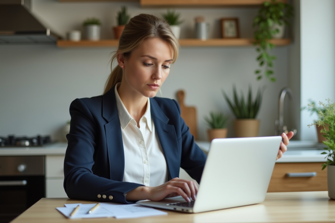 Femme en cuisine vérifiant une checklist sur son ordinateur